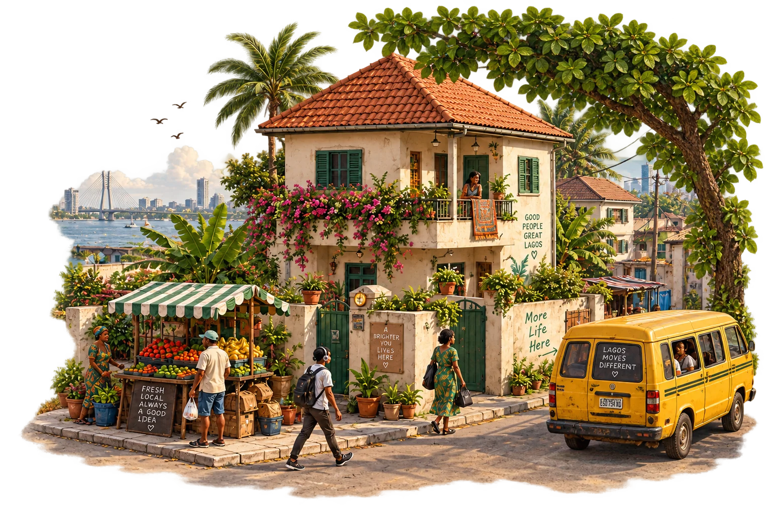 Original companion artwork of a sunlit Lagos neighborhood: a welcoming house, flowering balcony, neighbors, a produce stall and a yellow danfo